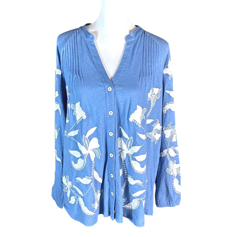 Soft Surroundings Blouse Women 1X Blue Floral Embroidered Linen Blend Button Up